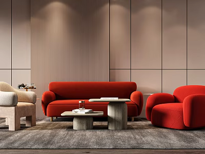 Stylish Red Sofa Coffee Table Set With Red Armchair Beige Chair Striped Wall Gray Rug 3d model