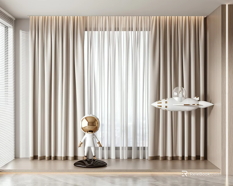 Modern Interior Curtains With Double Layer Sheer And Thick Neutral Tone Fabric And Window Decor 3d model 
