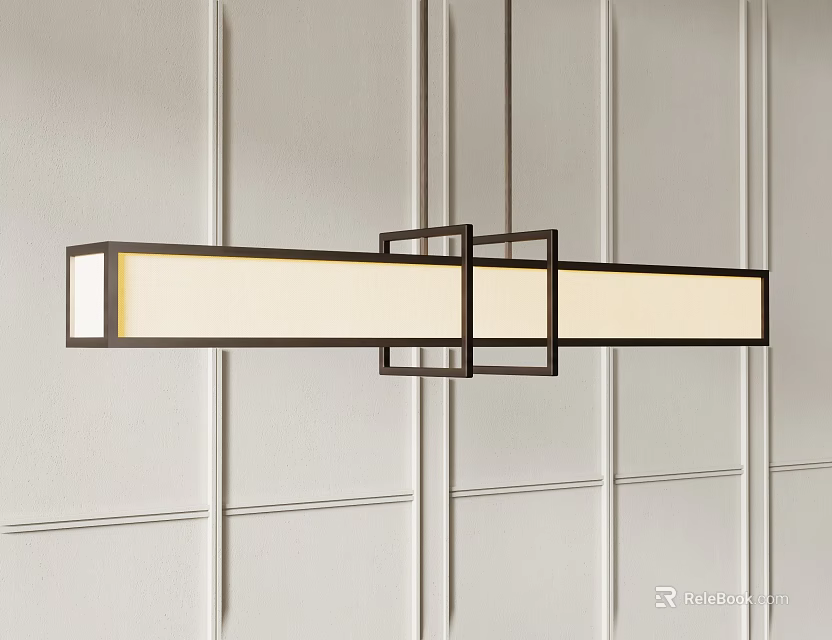 Modern Rectangular Chandelier With Black Frame And Light Colored Shade On Minimalist Wall 3d model