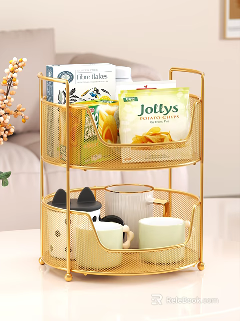 Cozy Living Room With Golden Two Tier Metal Rack Holding Snacks And Mugs 3d model 