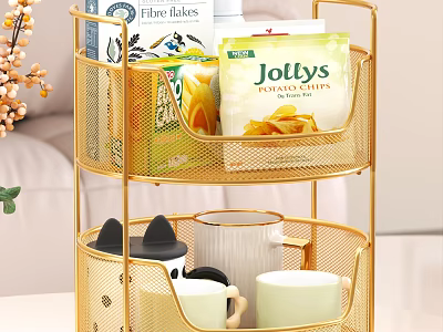 Cozy Living Room With Golden Two Tier Metal Rack Holding Snacks And Mugs 3d model