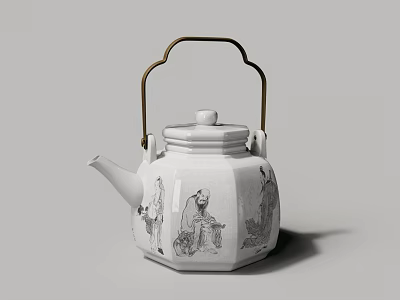 Traditional White Ceramic Octagonal Tea Teapot With Black Figure Patterns And Metal Handle 3d model
