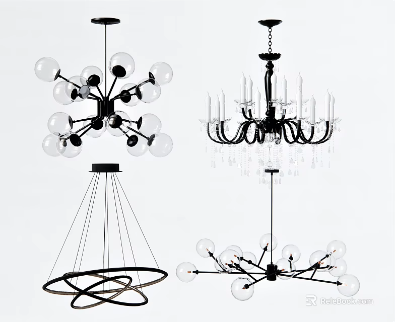 Various Modern Stylish Chandeliers Featuring Glass Globes And Metal Frames For Home Decor 3d model 