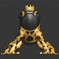 Golden Frog Sculpture with Crown and Black Spots on Shiny Black Surface with Reflection