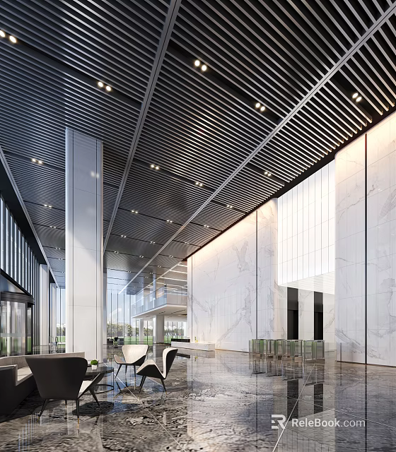 Front Desk Reception In Modern Lobby With Marble Walls High Ceiling And Sofa Seating 3d model 