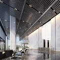 Front Desk Reception In Modern Lobby With Marble Walls High Ceiling And Sofa Seating