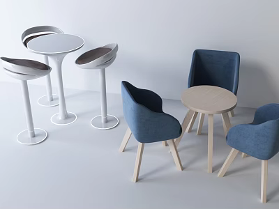 Modern Bar Stools With Wooden Legs And Blue Upholstered Seats Near Round Tables 3d model