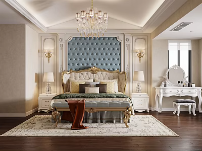Luxurious Bedroom Interior With Tufted Blue Headboard Gold Accents Chandelier And Dressing Table 3d model