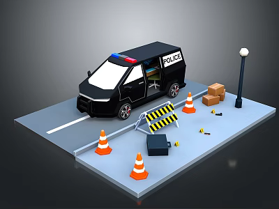 Police Van On Road Scene With Traffic Cones Barricade Street Lamp And Boxes 3d model