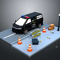 Police Van On Road Scene With Traffic Cones Barricade Street Lamp And Boxes