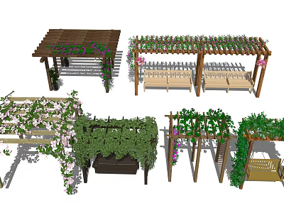 Outdoor Garden Pergola Designs With Wooden Structure Climbing Vines And Benches 3d model