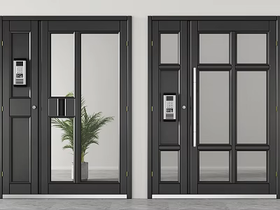 Modern Black Doors With Glass Panels And Access Control Device Nearby Potted Plant 3d model