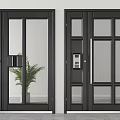 Modern Black Doors With Glass Panels And Access Control Device Nearby Potted Plant