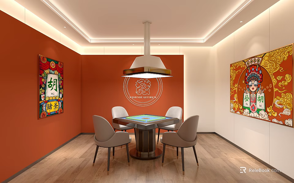 Hotel Chess Room with Orange Walls Peking Opera Mask Decor Round Table and Gray Chairs 3d model 