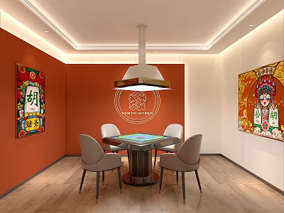 Hotel Chess Room with Orange Walls Peking Opera Mask Decor Round Table and Gray Chairs 3d model