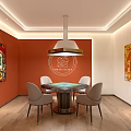 Hotel Chess Room with Orange Walls Peking Opera Mask Decor Round Table and Gray Chairs