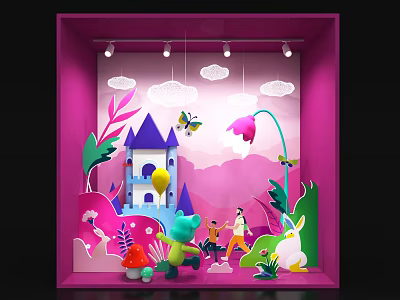 Fairy Tale Themed Window Display With Pink Background Castle Clouds Butterflies And Cartoon Characters 3d model