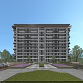 Modern Mid Rise Residential Building Surrounded By Lush Greenery Lawn Purple Flowers And Trees