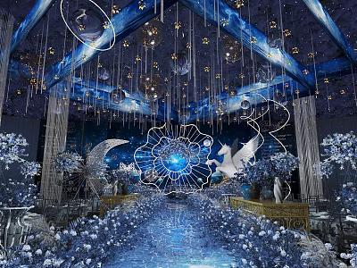 Garden Landscape With Starry Sky Moon And Blue White Flower Decorations 3d model