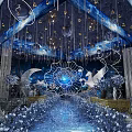 Garden Landscape With Starry Sky Moon And Blue White Flower Decorations