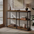 Modern Entryway Cabinet Sideboard With Wooden Shelves Metal Frame And Decorative Vases