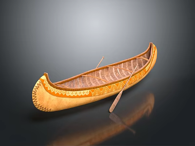 Traditional Wooden Canoe with Decorative Patterns and Paddle Classic Water Transport Design Showcasing Craftsmanship 3d model