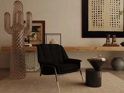 Black Upholstered Leisure Chair With Gold Legs Near Side Table Glass Cactus And Wall Art 3d model