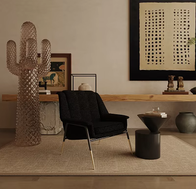 Black Upholstered Leisure Chair With Gold Legs Near Side Table Glass Cactus And Wall Art 3d model