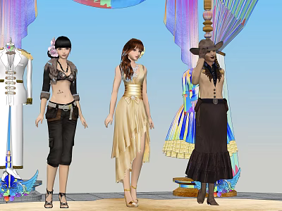 Women in different styles of clothing standing before colorful draperies and ornate background 3d model