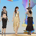 Women in different styles of clothing standing before colorful draperies and ornate background
