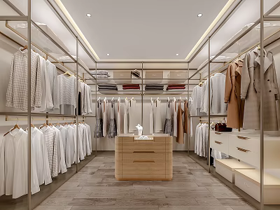 Modern Walk-in Closet Interior With Metal Frame Wardrobes Hanging Clothes And Wooden Center Cabinet 3d model