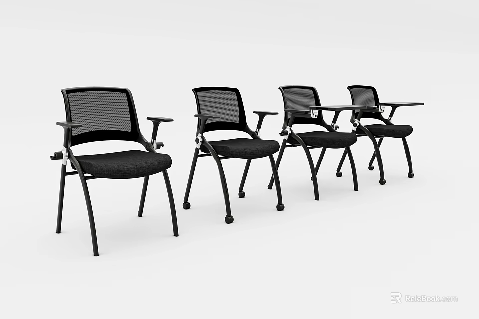Four Black Office Chairs With Mesh Backrest Armrests And Metal Frame 3d model 