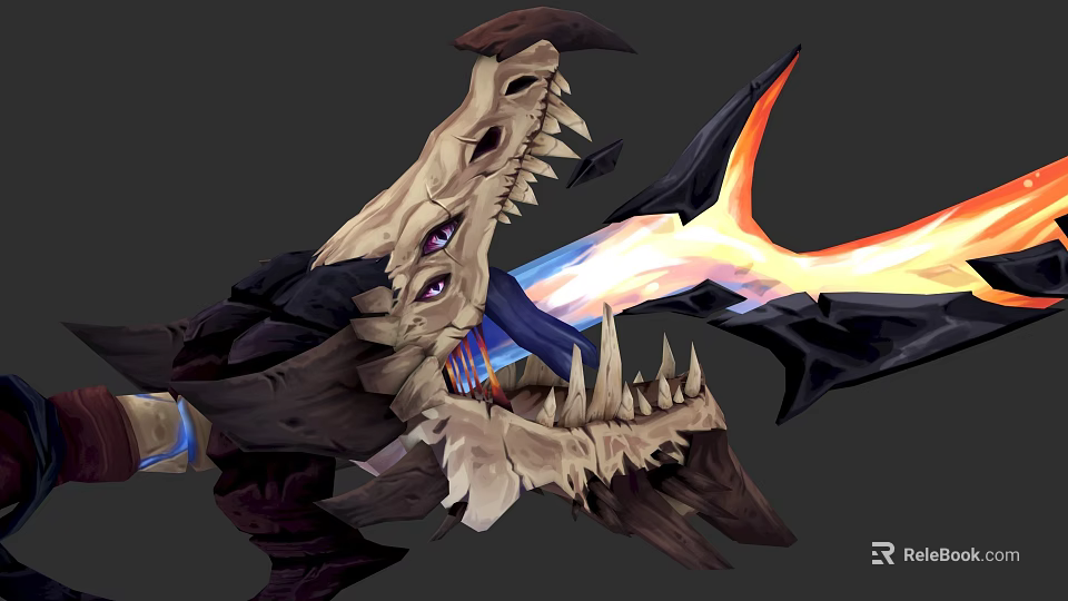 Mythical Weapon With Crocodile Skull Design And Glowing Orange Blue Blade 3d model 