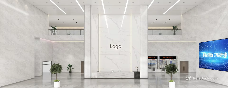 Elegant Modern Front Desk With Marble Wall Logo Spacious Hall And Plants 3d model
