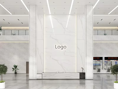 Elegant Modern Front Desk With Marble Wall Logo Spacious Hall And Plants 3d model
