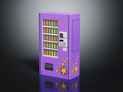 Purple Vending Machine Interior with Yellow Stars Decoration and Assorted Drink Bottles 3d model