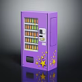 Purple Vending Machine Interior with Yellow Stars Decoration and Assorted Drink Bottles