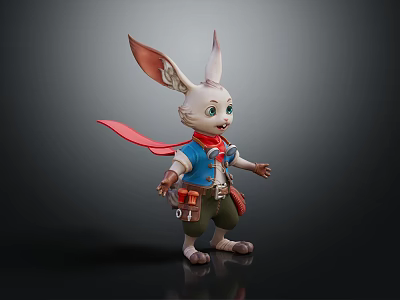 Cartoon Rabbit With Big Ears Blue Vest Red Scarf Green Pants And Tool Bag 3d model