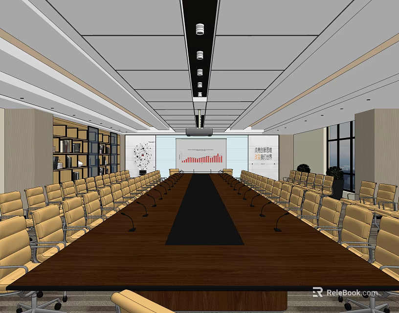 Modern Conference Room With Long Wooden Table Yellow Chairs Bookshelves And Pendant Lights 3d model 