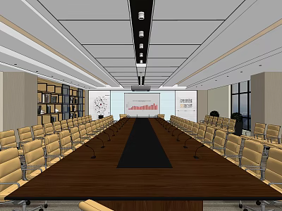 Modern Conference Room With Long Wooden Table Yellow Chairs Bookshelves And Pendant Lights 3d model