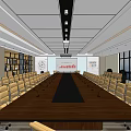 Modern Conference Room With Long Wooden Table Yellow Chairs Bookshelves And Pendant Lights