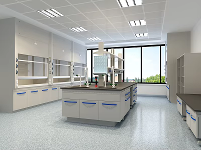 Spacious Modern Laboratory Interior With Lab Benches Cabinets Shelves Windows And Lighting 3d model