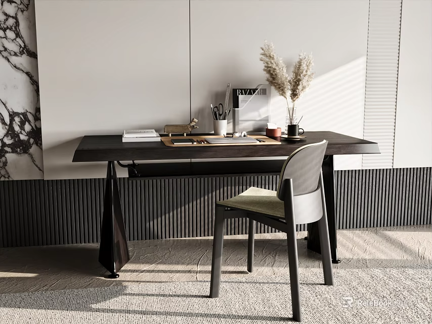 Modern Dark Wooden Desk With Stationery Coffee Mug And Potted Plant Chair Interior 3d model 