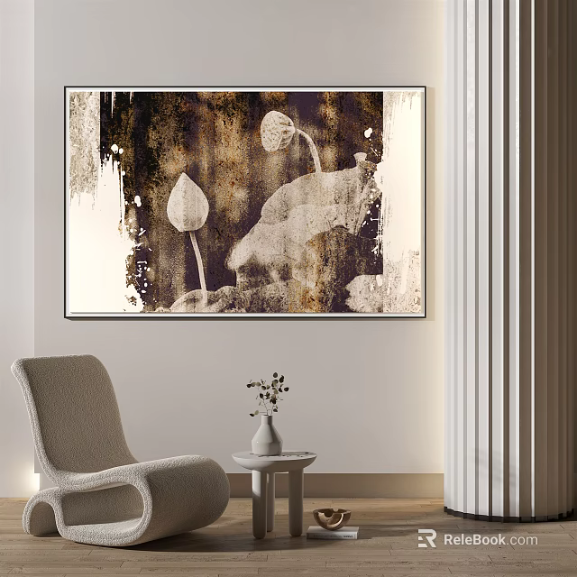 Modern Room Interior with Abstract Lotus Artwork in Brown Gold Tones and Armchair Side Table 3d model 