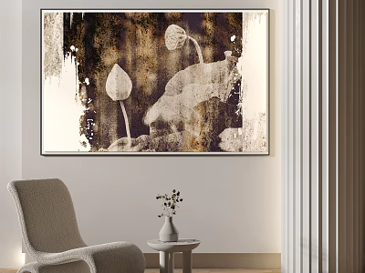 Modern Room Interior with Abstract Lotus Artwork in Brown Gold Tones and Armchair Side Table 3d model