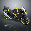 Sporty Black and Yellow Motorcycle with Sleek Fairing Reflective Wheels and Stylish Seat on Dark Background
