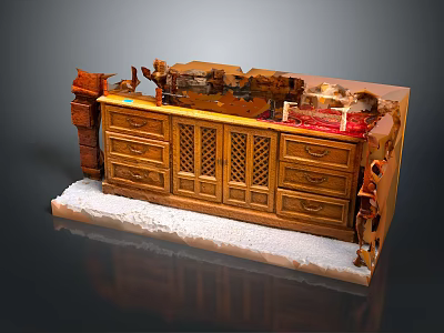Wooden Dresser With Carved Patterns Decorative Items And Red Cloth On White Base 3d model