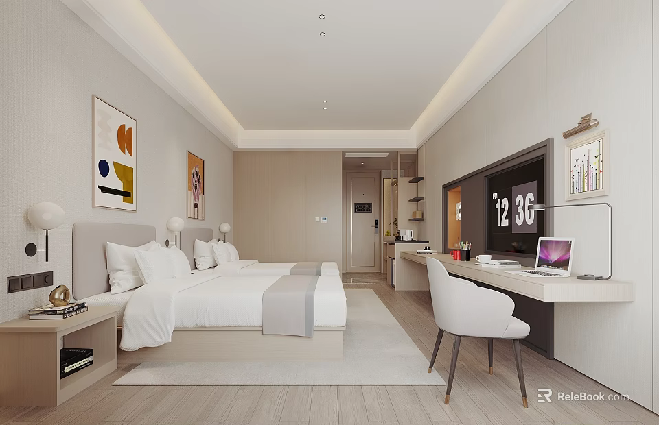 Modern Hotel Guest Room With Double Bed Work Desk And Smart TV 3d model 