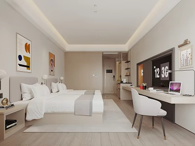Modern Hotel Guest Room With Double Bed Work Desk And Smart TV 3d model