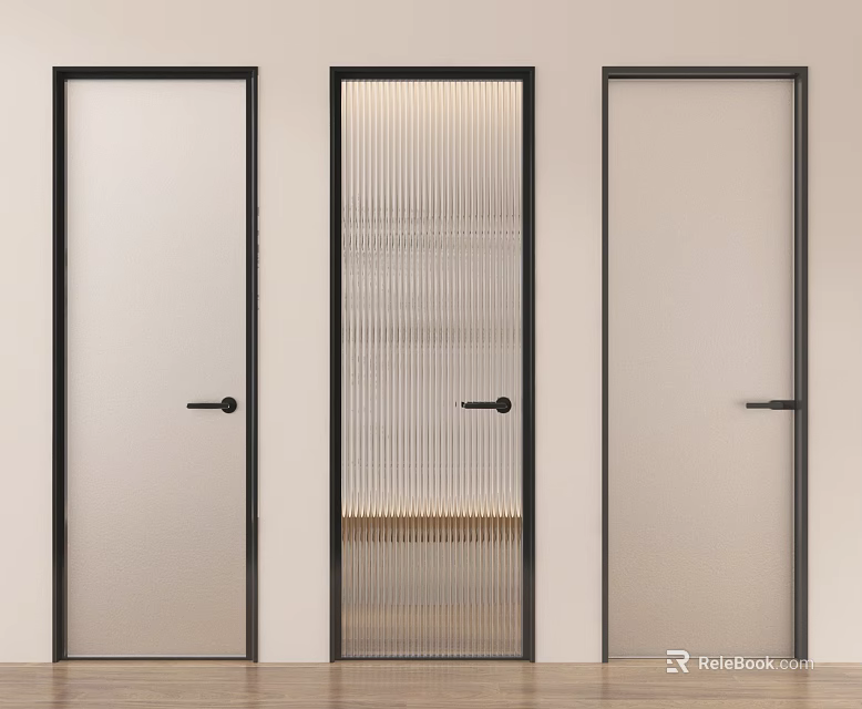 Sleek Modern Hinged Doors Featuring Black Frames Frosted And Ribbed Glass 3d model